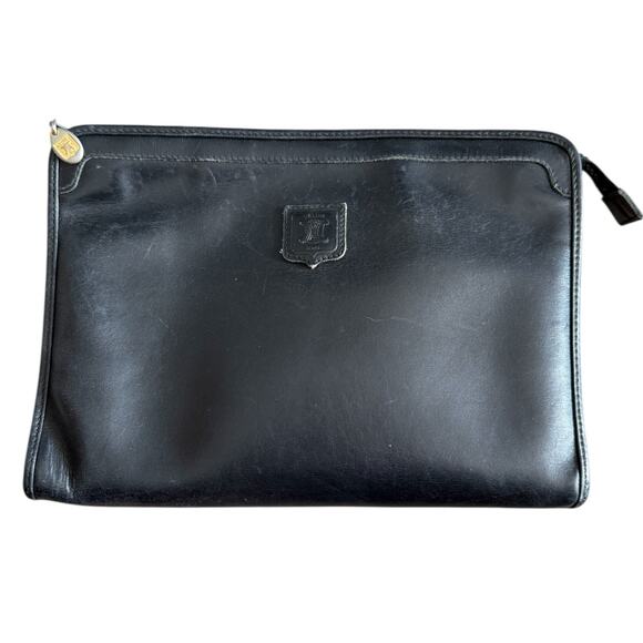 Vintage Celine Clutch Bag Leather Black Triomphe Pouch Purse - Picture 1 of 8